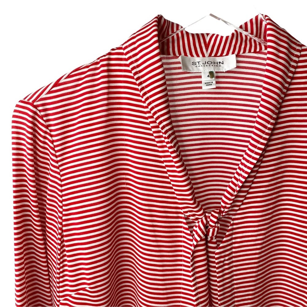 St. John Collection Red White Striped Parisian French Button Down Silk Blouse 4 - Picture 4 of 8